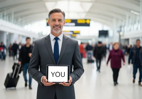 Professional chauffeur holding a sign with a passenger's name at Barcelona Airport arrivals.